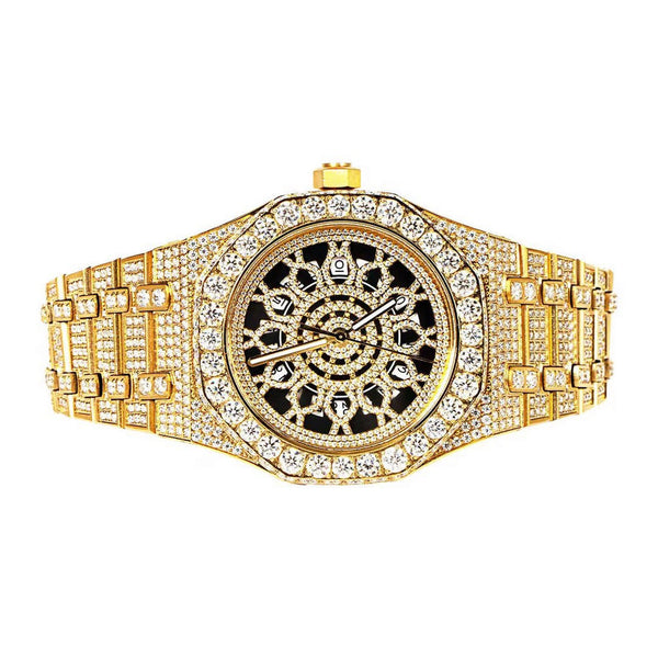 Yellow Tone Skeleton Dial Stainless Steel Moissanite Watch