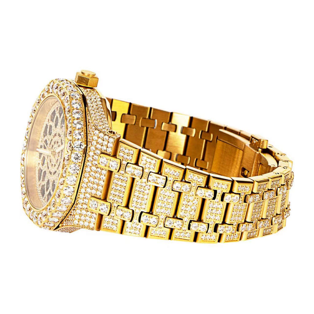 Yellow Tone Skeleton Dial Stainless Steel Moissanite Watch