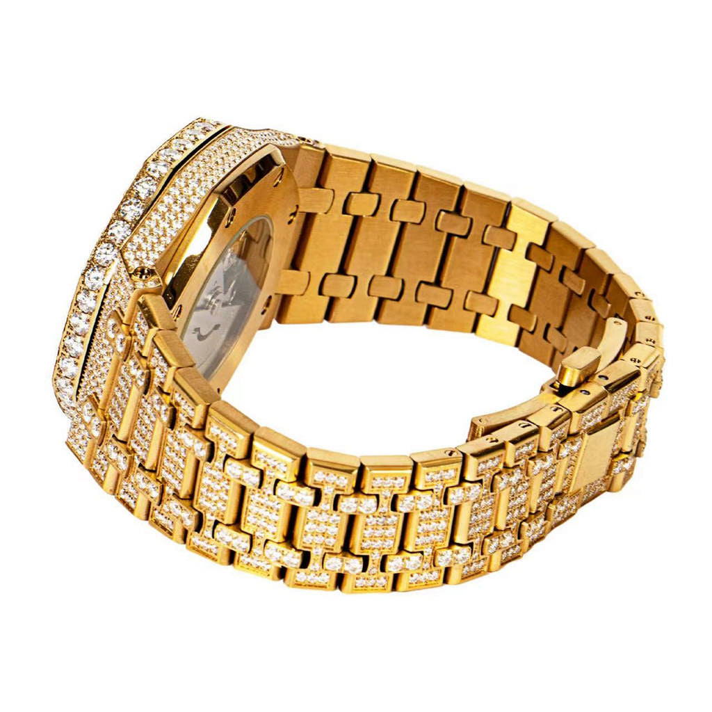 Yellow Tone Skeleton Dial Stainless Steel Moissanite Watch