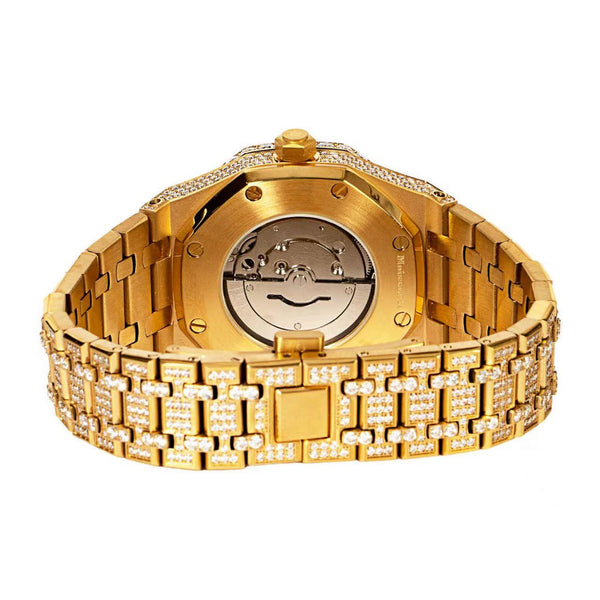 Yellow Tone Skeleton Dial Stainless Steel Moissanite Watch