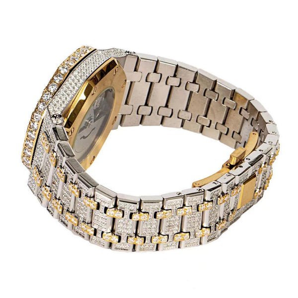 Two Tone Yellow Gold Moissanite Skeleton Dial Octagon Watch