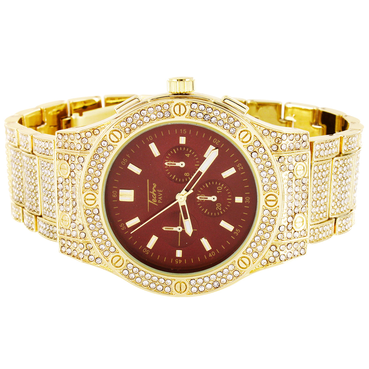 Mens Multi Function Red Face Bling Band Techno Pave Watch