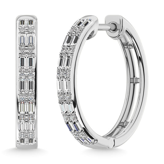 Diamond 1/3 Ct.Tw. Round and Baguette Cut Hoop Earrings in 10K White Gold