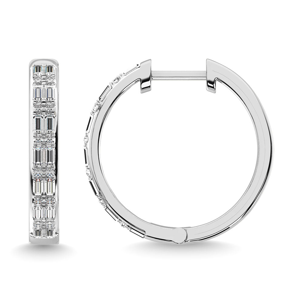 Diamond 1/3 Ct.Tw. Round and Baguette Cut Hoop Earrings in 10K White Gold