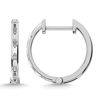 Diamond 1/4 Ct.Tw. Round and Baguette Cut Hoop Earrings in 10K White Gold