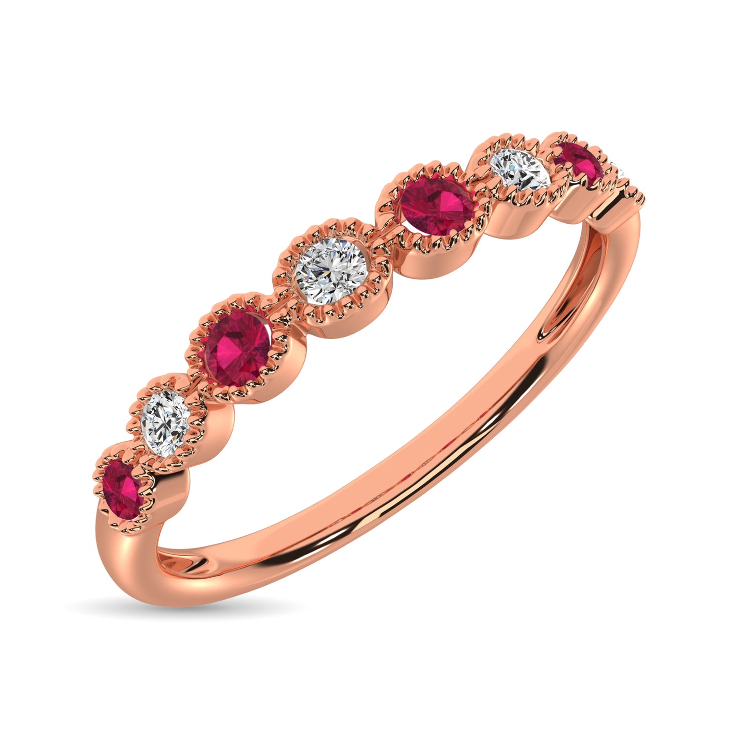 Diamond 1/6 Ct.Tw. And Alternate Ruby Stack Band in 10K Rose Gold ( 4 Diamond and 4 Ruby )