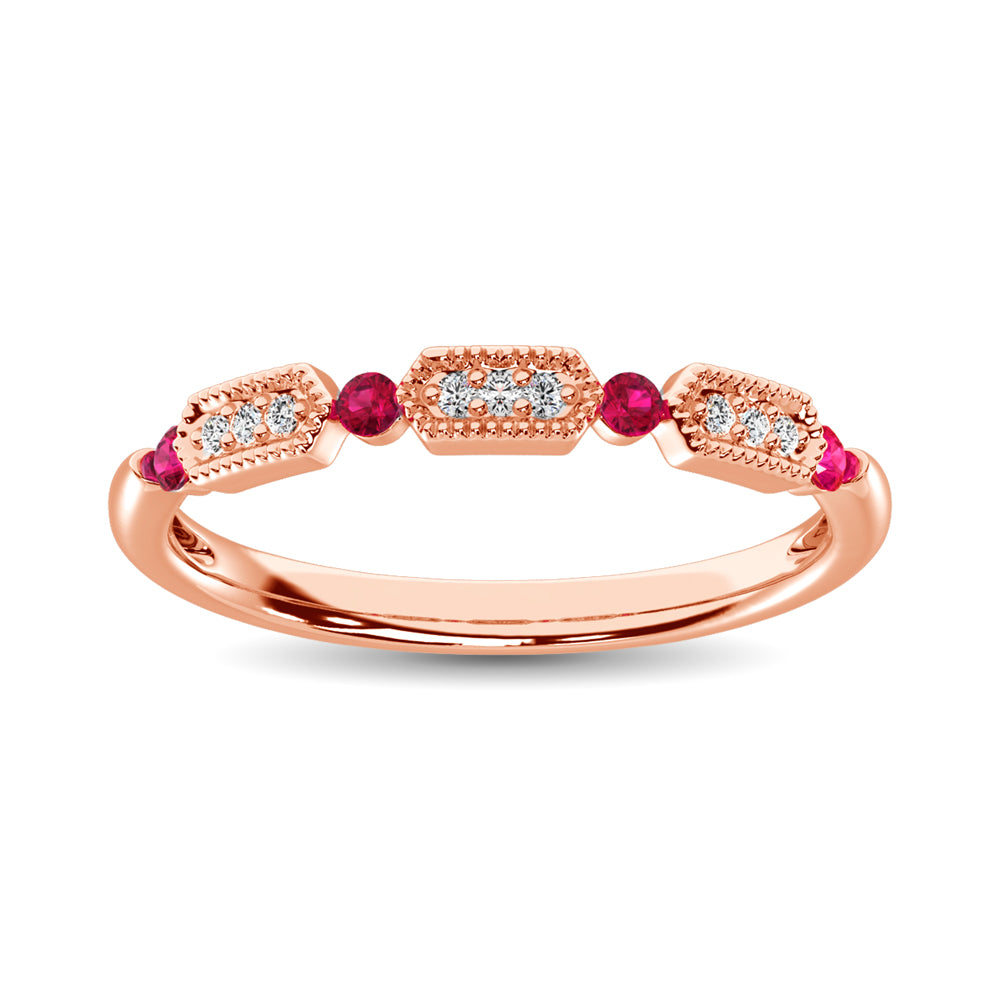 Diamond 1/5 Ct.Tw. And Ruby Stack Band in 14K Rose Gold ( 9 Diamond and 4 Ruby )