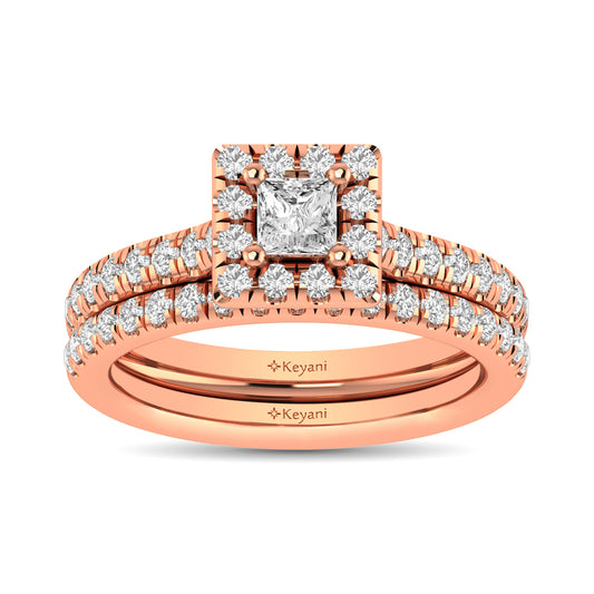 Diamond Classic Shank Single Halo Bridal Ring 1 ct tw Princess Cut in 14K Rose Gold