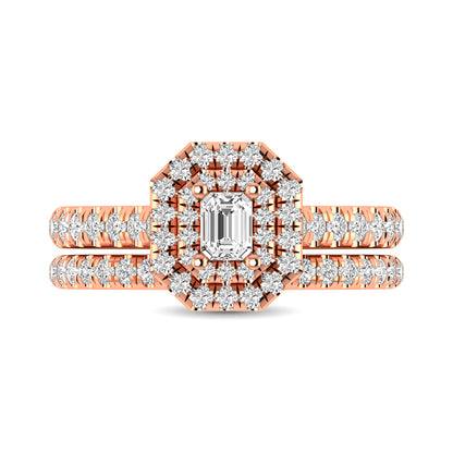 Diamond Classic Shank Double Halo Bridal Ring 1 ct tw Emerald Cut in 14K Rose Gold