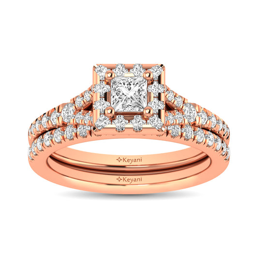 Diamond  Split Shank Single Halo Bridal Ring 1 ct tw Princess Cut in 14K Rose Gold