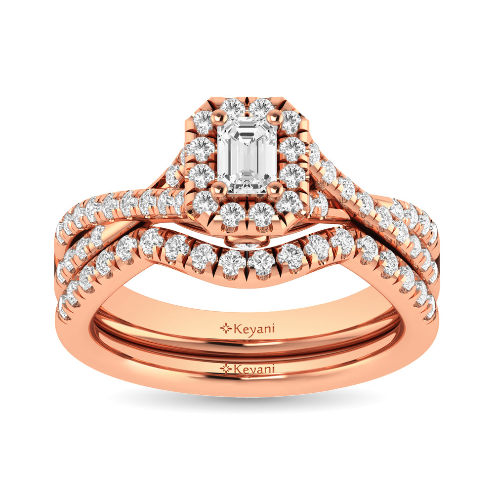Diamond  Twist Shank Single Halo Bridal Ring 1 ct tw Emerald Cut in 14K Rose Gold