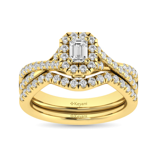 Diamond  Twist Shank Single Halo Bridal Ring 1 ct tw Emerald Cut in 14K Yellow Gold