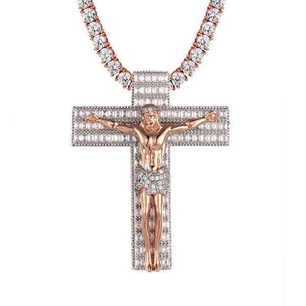 Rose Gold Baguette Religious Jesus Cross Crucifix Pendant