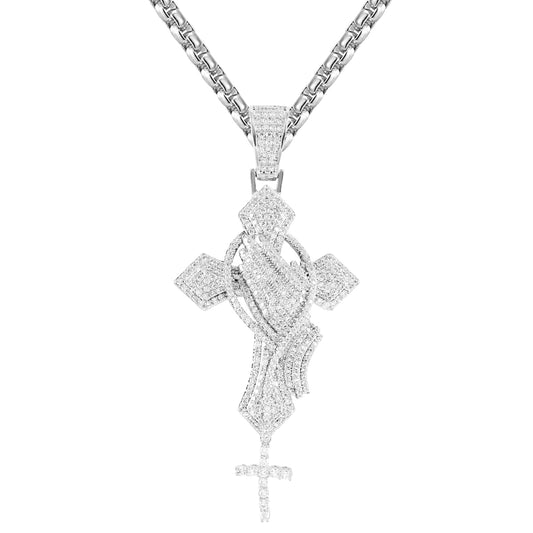 Silver Religious Praying Hand Holy Cross Rosary Charm Necklace