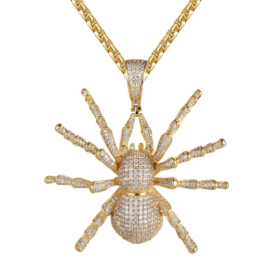 14k Gold Finish Spider Micro Pave Hip Hop Pendant Necklace