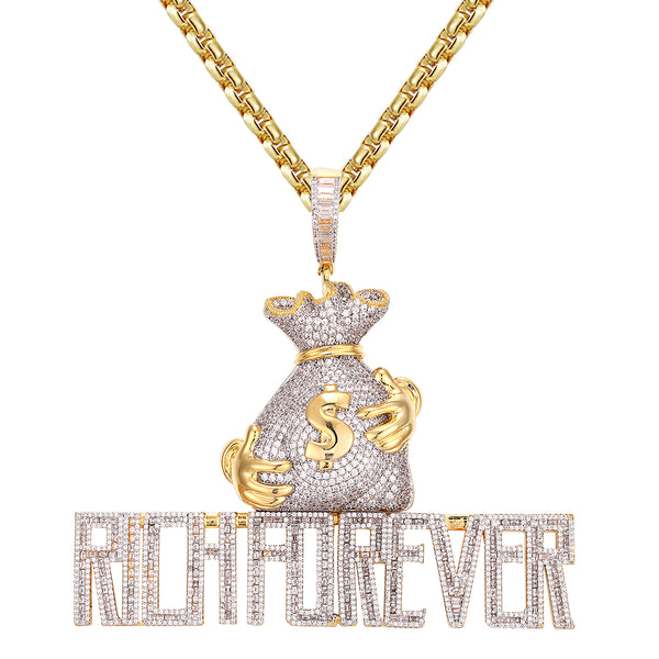 Rich Forever Hand Holding Dollar Money Bag Gold Tone Pendant