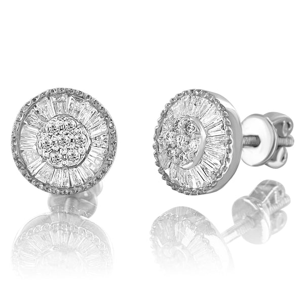 10K White Gold Baguette Diamond Cluster Round Stud Earrings