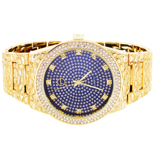Mens Blue Bling Face Bezel Nugget Band Techno Pave Watch