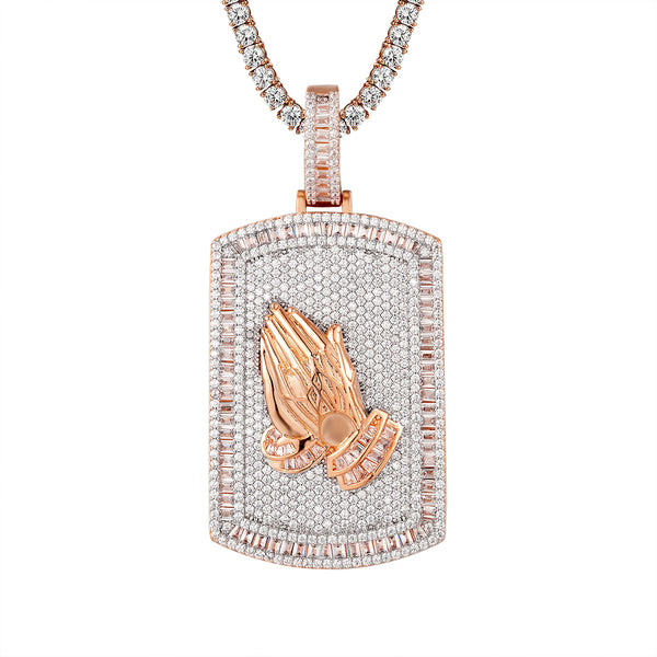 Sterling Silver Praying Hand Dog Tag Baguette Hip Hop Chain