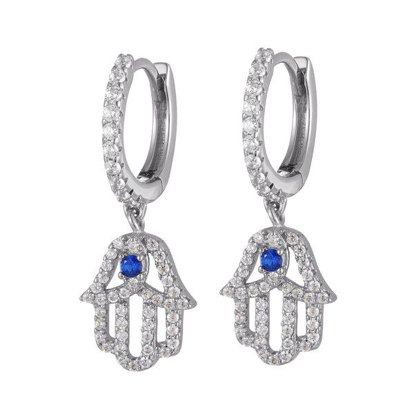 Silver Hamsa Hand Dangling Hoops Micro Pave Earrings