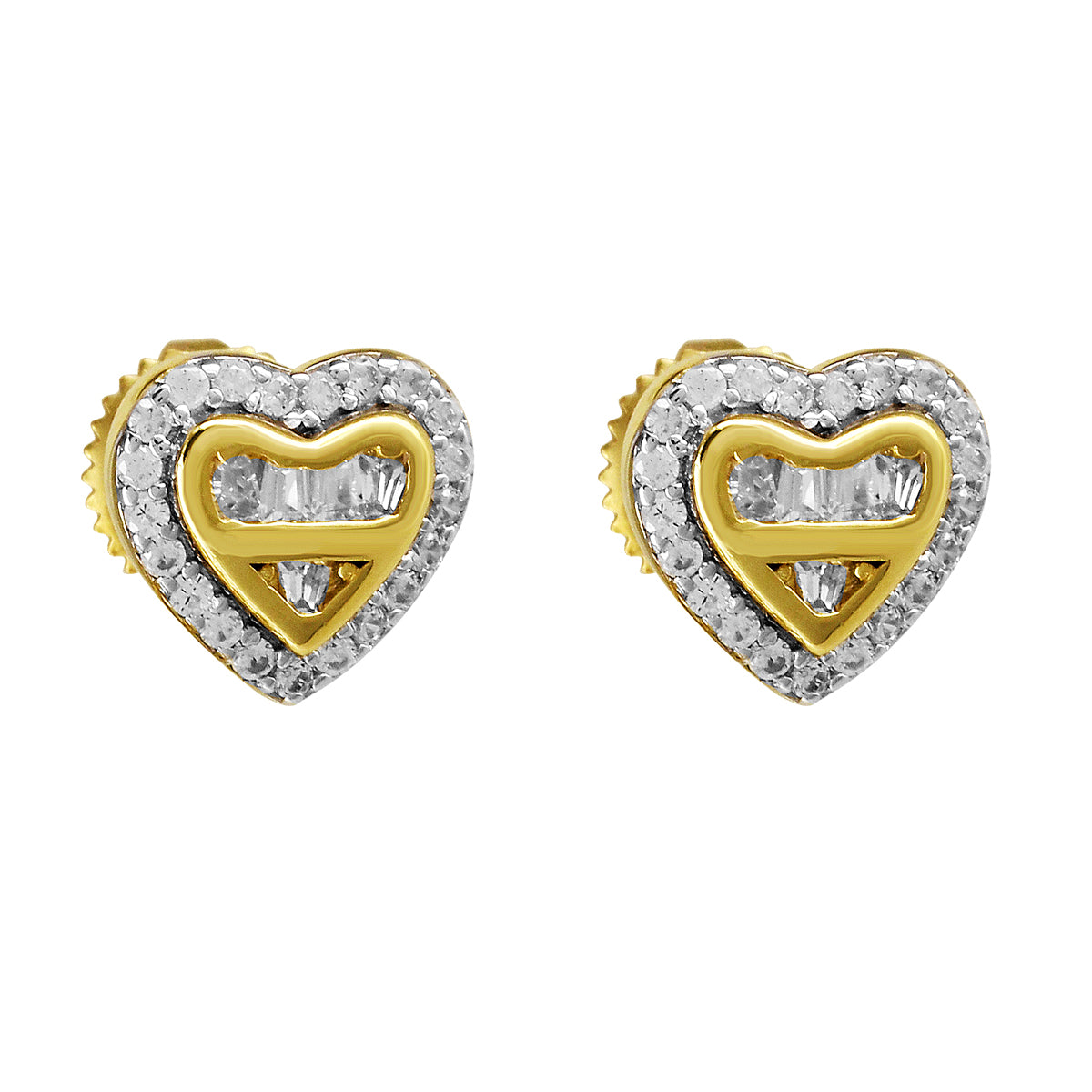 Gold Tone Double Heart Micro Pave .925 Screw Back Earrings
