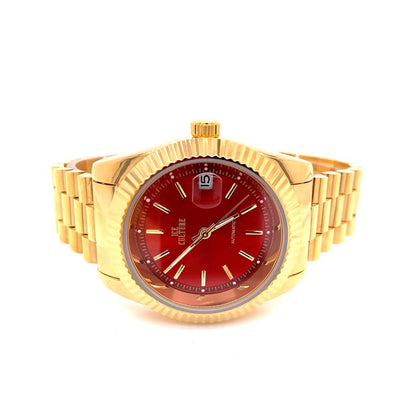 Steel Fluted Bezel Red Face Dial Automatic Movement Watch
