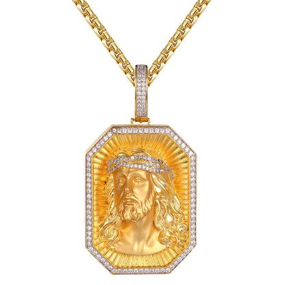 Jesus Face Icy Crown 3D Matte Finish Religious Charm Necklace