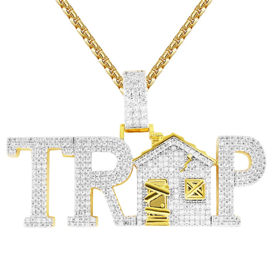 Gold Finish Trap House Bling Rapper Pendant Free Box Chain