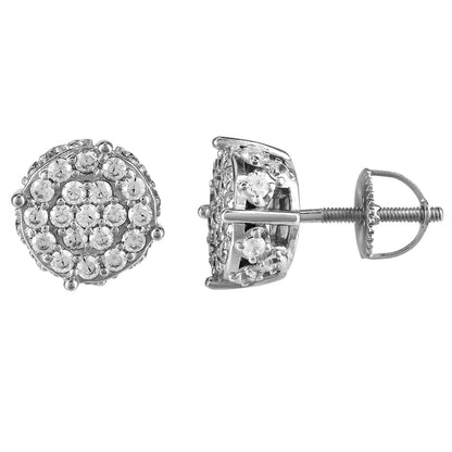 Sterling Silver Round 3D Icy Solitaire Screw Back Stud Earrings