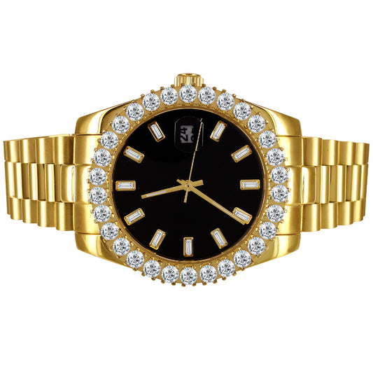 Gold Tone Black Baguette Dial Stainless Steel 41mm Icy Watch