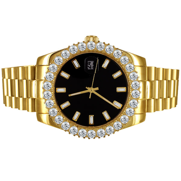 Gold Tone Black Baguette Dial Stainless Steel 41mm Icy Watch