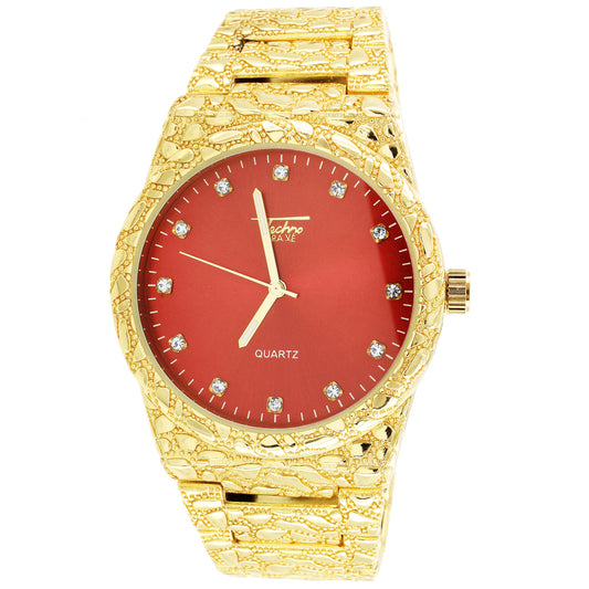 Mens Nugget Style Red Face Techno Pave Gold Finish Watch