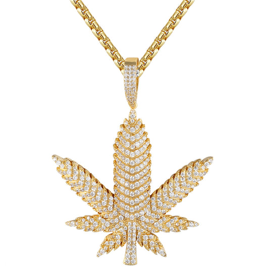 Marijuana Cannabis Leaf Gold Tone 925 Silver Hip Hop Pendant