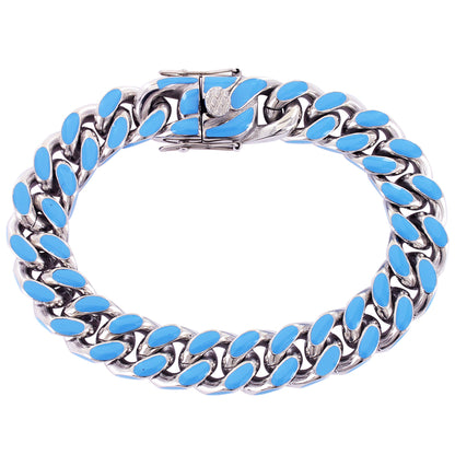 Men's Blue Enamel Miami Cuban Bracelet Stainless Steel Box Lock