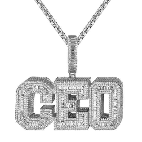 Custom CEO 3D Baguette Big 14K White Gold Tone Icy Pendant