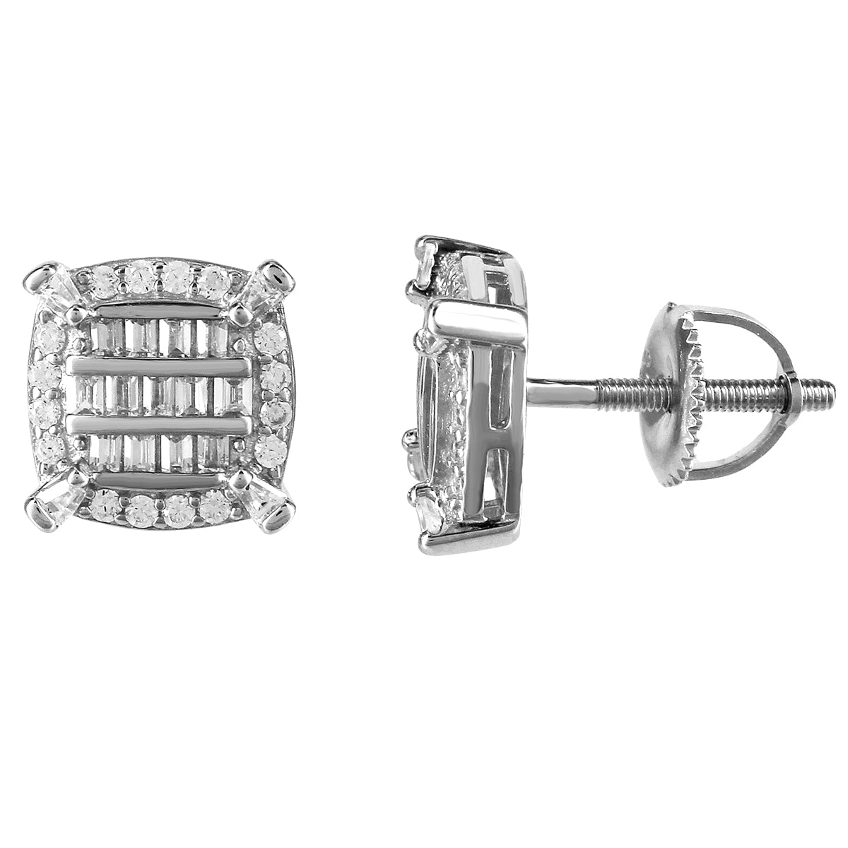 Sterling Silver Icy Baguette Square Prong Hip Hop Stud Earrings