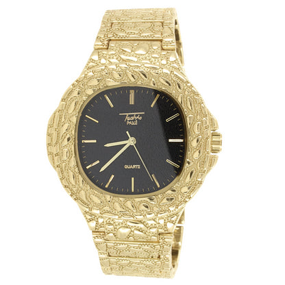 Men's Gold Tone Square Black Face Nugget Style Band Watch