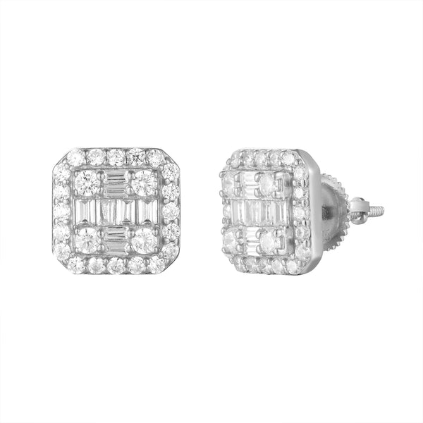 White Finish Baguette Designer Bling 925 Silver Stud Earrings