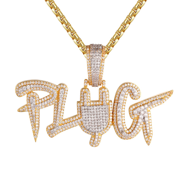Two Tone Plug Switch Micro Pave Gold Finish Silver Pendant Chain