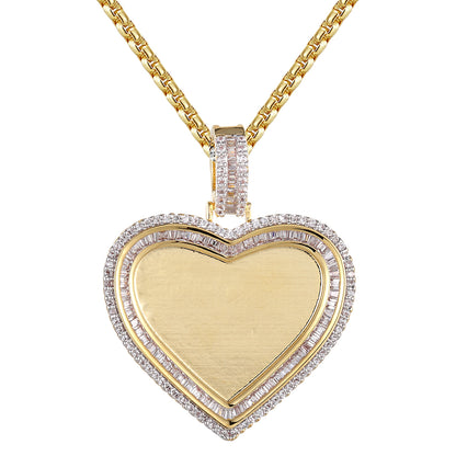 Heart Shape Baguette Micro Pave Row Picture Frame Memory Pendant