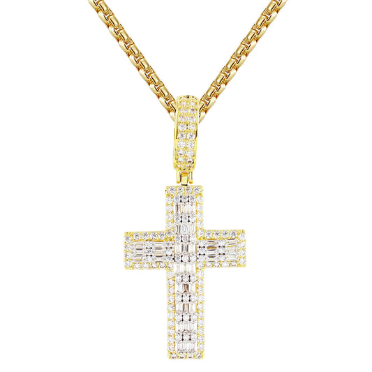 Religious Holy Cross Baguette Micro Pave Gold Tone Pendant