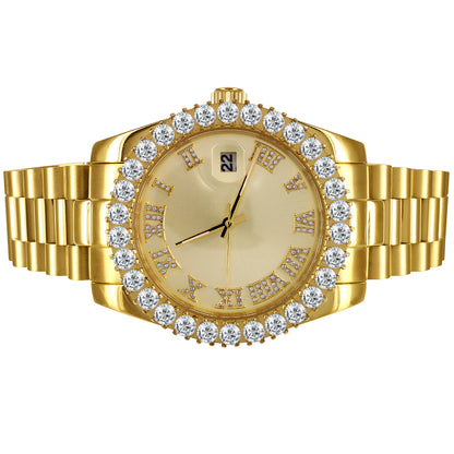 Gold Tone Icy Roman Dial Solitaire Bezel Stainless Steel Watch