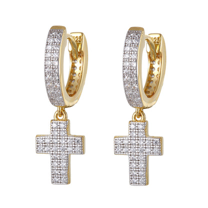 Gold Tone Holy Cross Micro Pave Dangling Silver Hoops