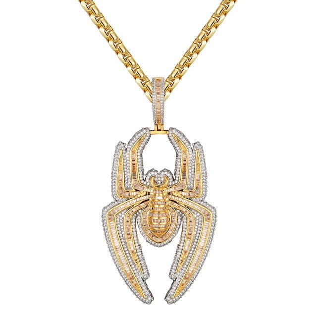 Spider Baguette 3D fully Iced 14K Gold Finish Hip Hop Pendant Custom Charm Chain Set
