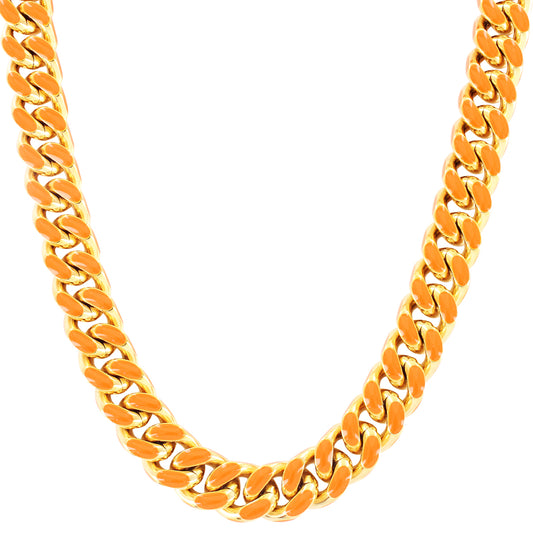 Designer Orange Enamel Stainless Steel Miami Cuban Necklace Chain