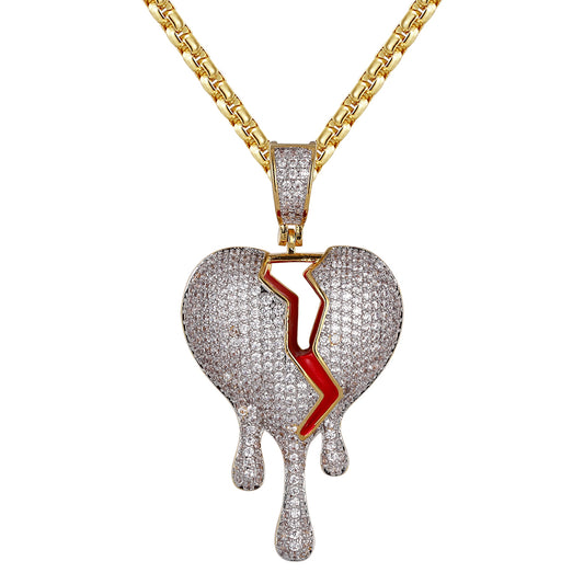 Mens Hip Hop Cracked Dripping Heart Gold Finish Pendant