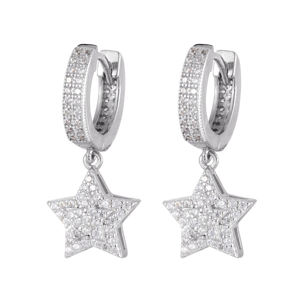 Sterling Silver Dangling Star Icy Two Row Hoop Earrings