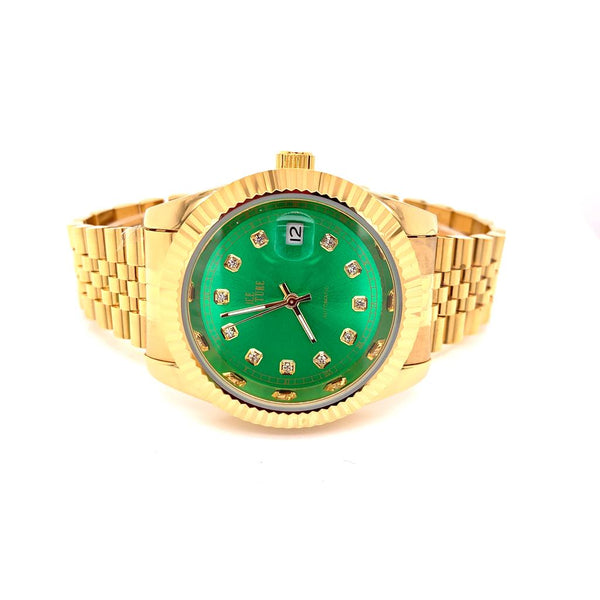 Fluted Bezel Green Dial Gold Tone Stainless Steel Rapper Watch