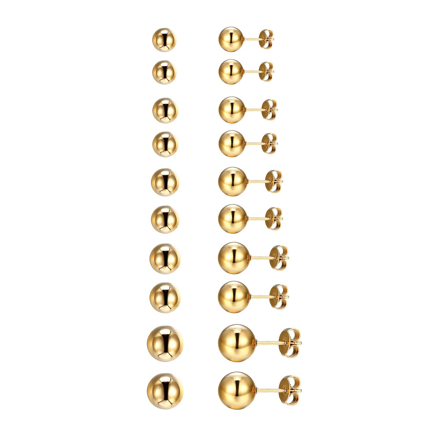 14k Gold Tone Earrings Bead Ball Studs Stainless Steel Mens Womens 3mm-8mm New