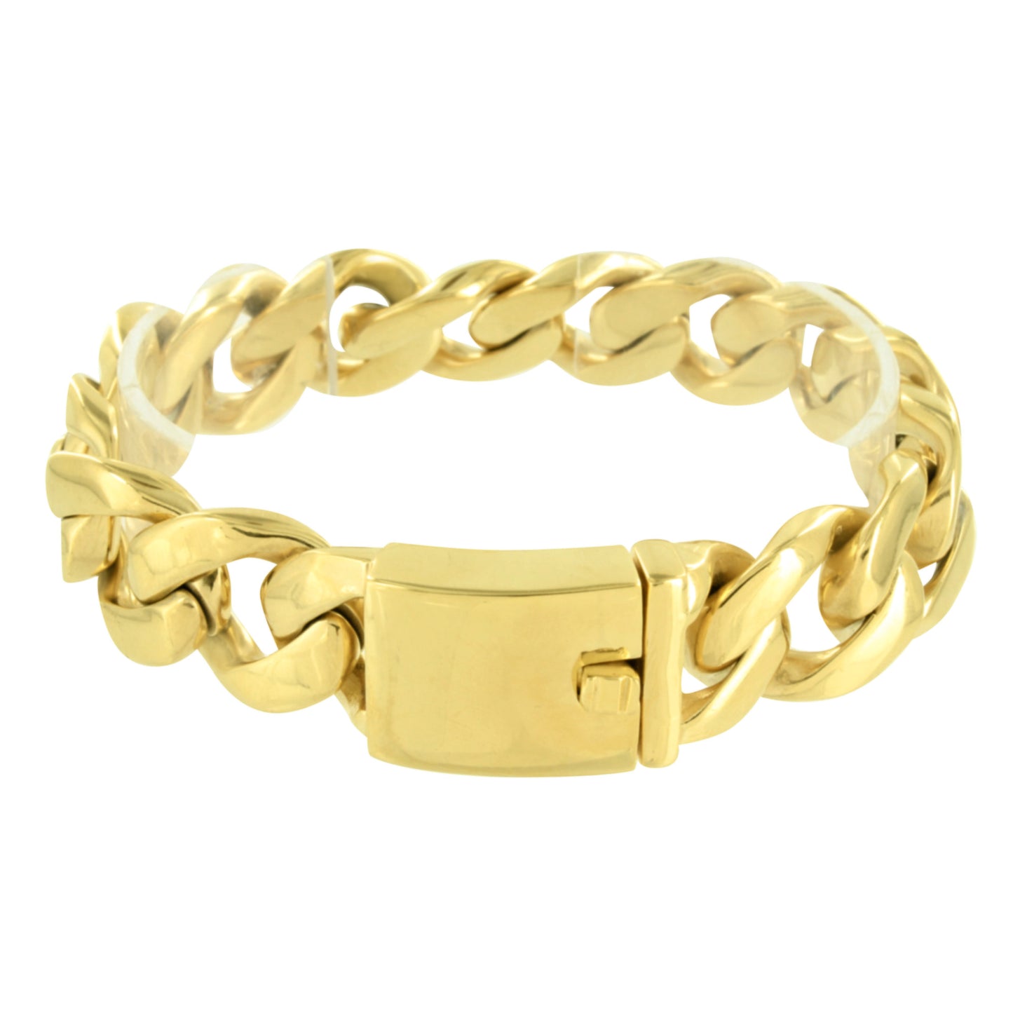 Miami Cuban Link Bracelet Stainless Steel Gold Finish 18 MM 100+ G Box Lock Mens